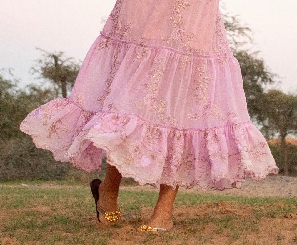 Pink and gold tiered dress with sleeves