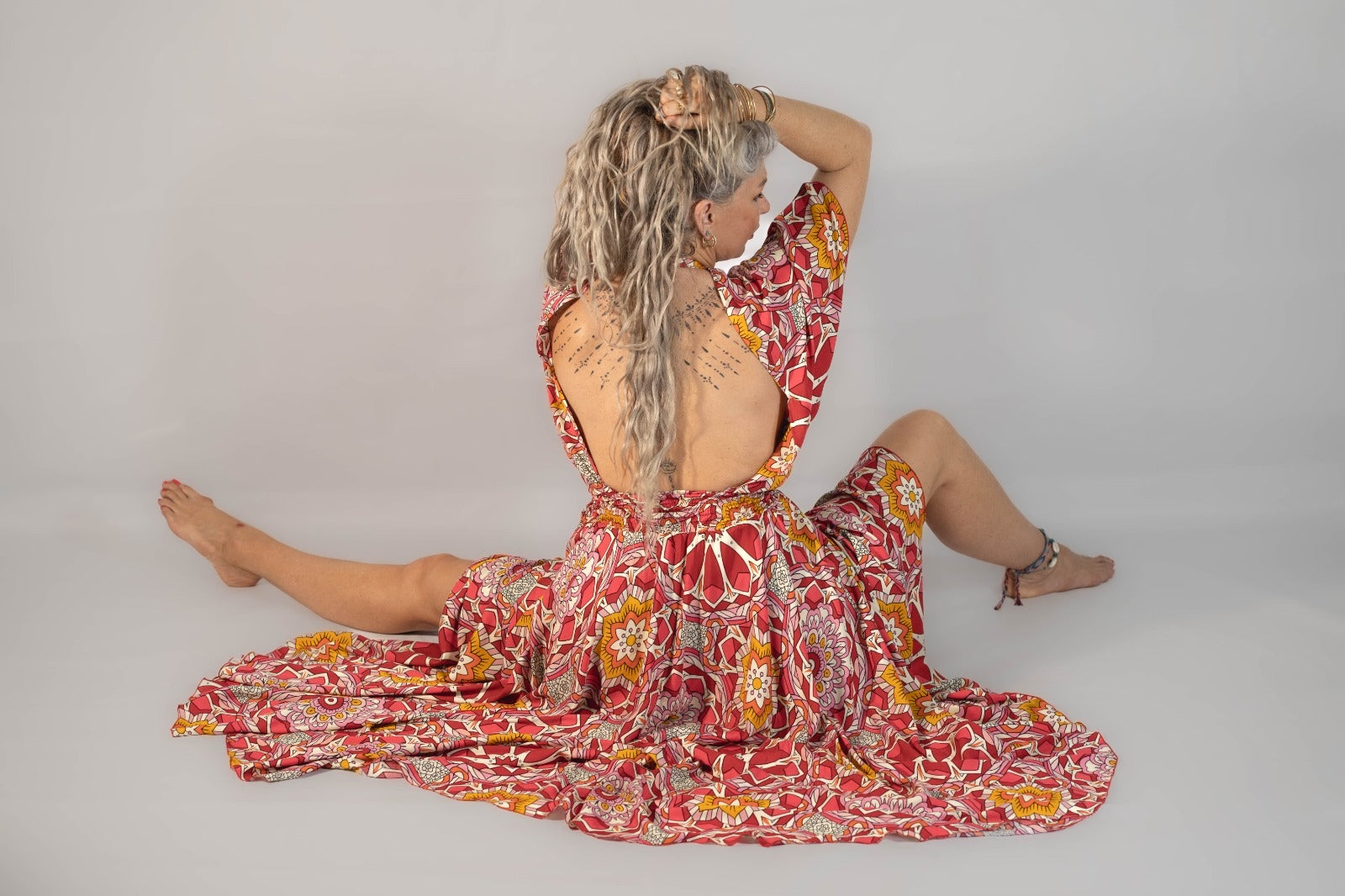 Goddess circle dress in sunset kaleidoscope