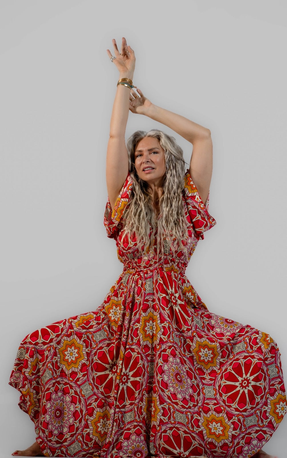 Goddess circle dress in sunset kaleidoscope