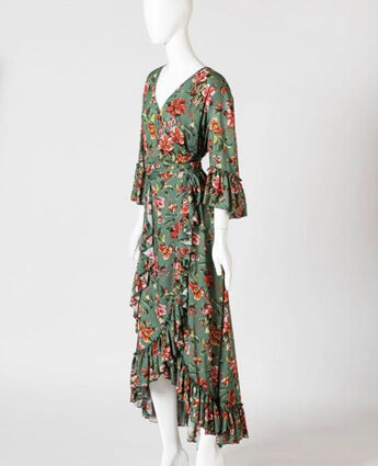 Green Wrap Dress with Frills