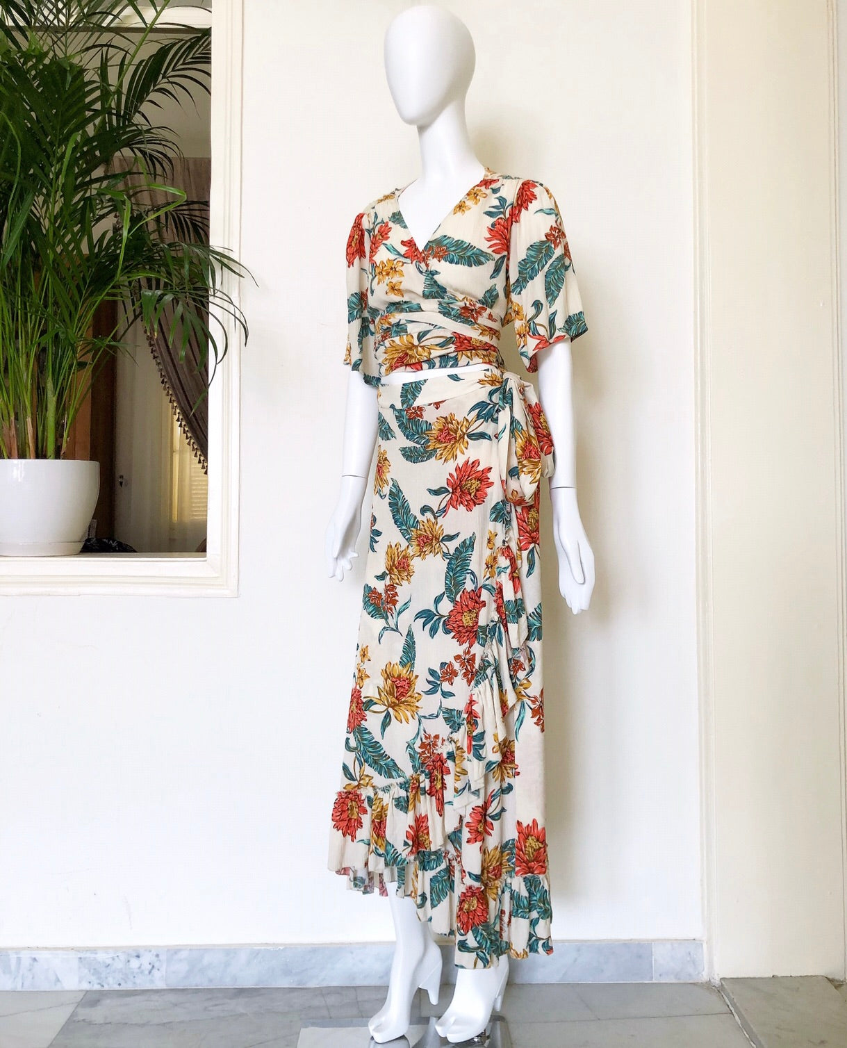 Floral print cotton cheesecloth wrap skirt