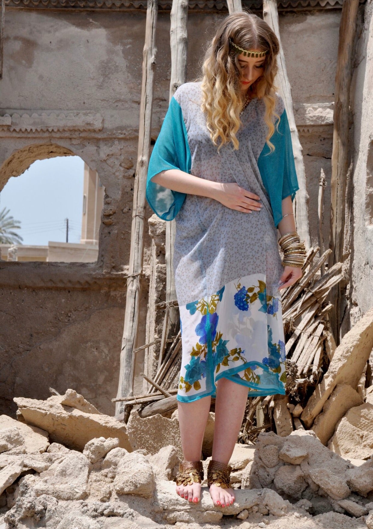 Silky chiffon turquoise printed kaftan
