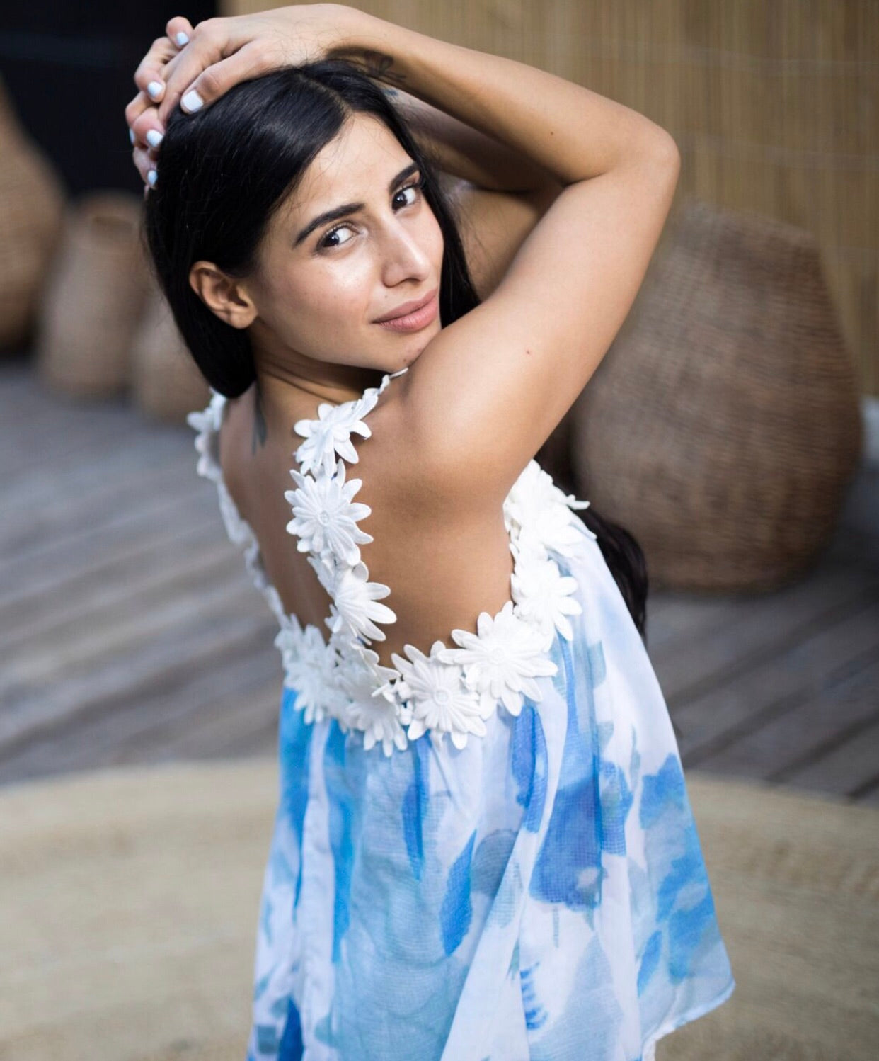 Blue and white top with white flower straps