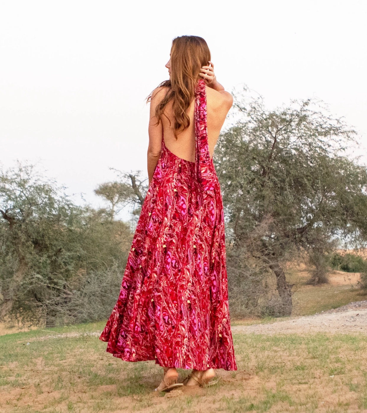 Red Cotton Print Halter Dress