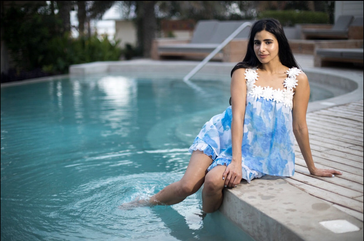 Blue and white top with white flower straps
