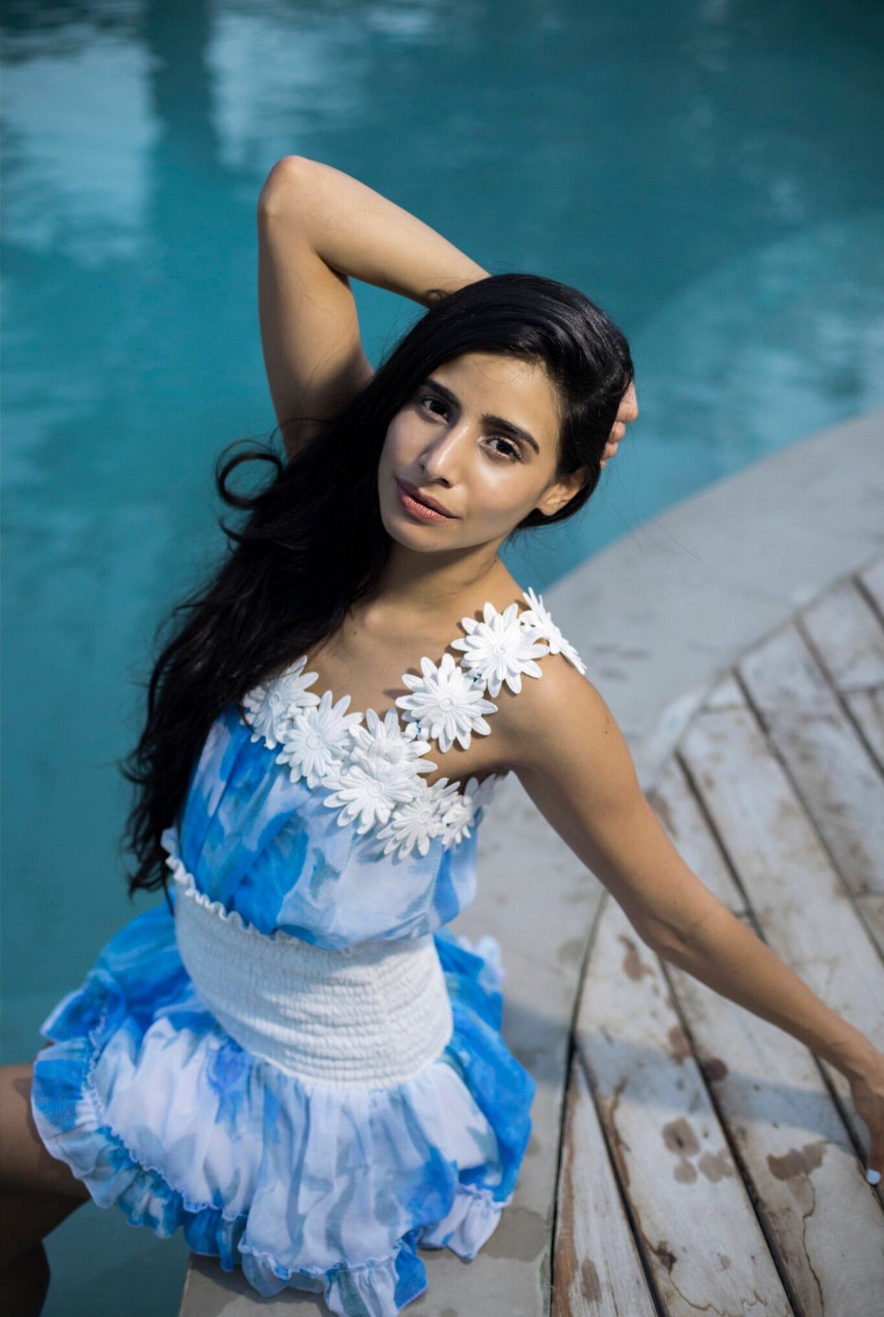 Blue and white top with white flower straps