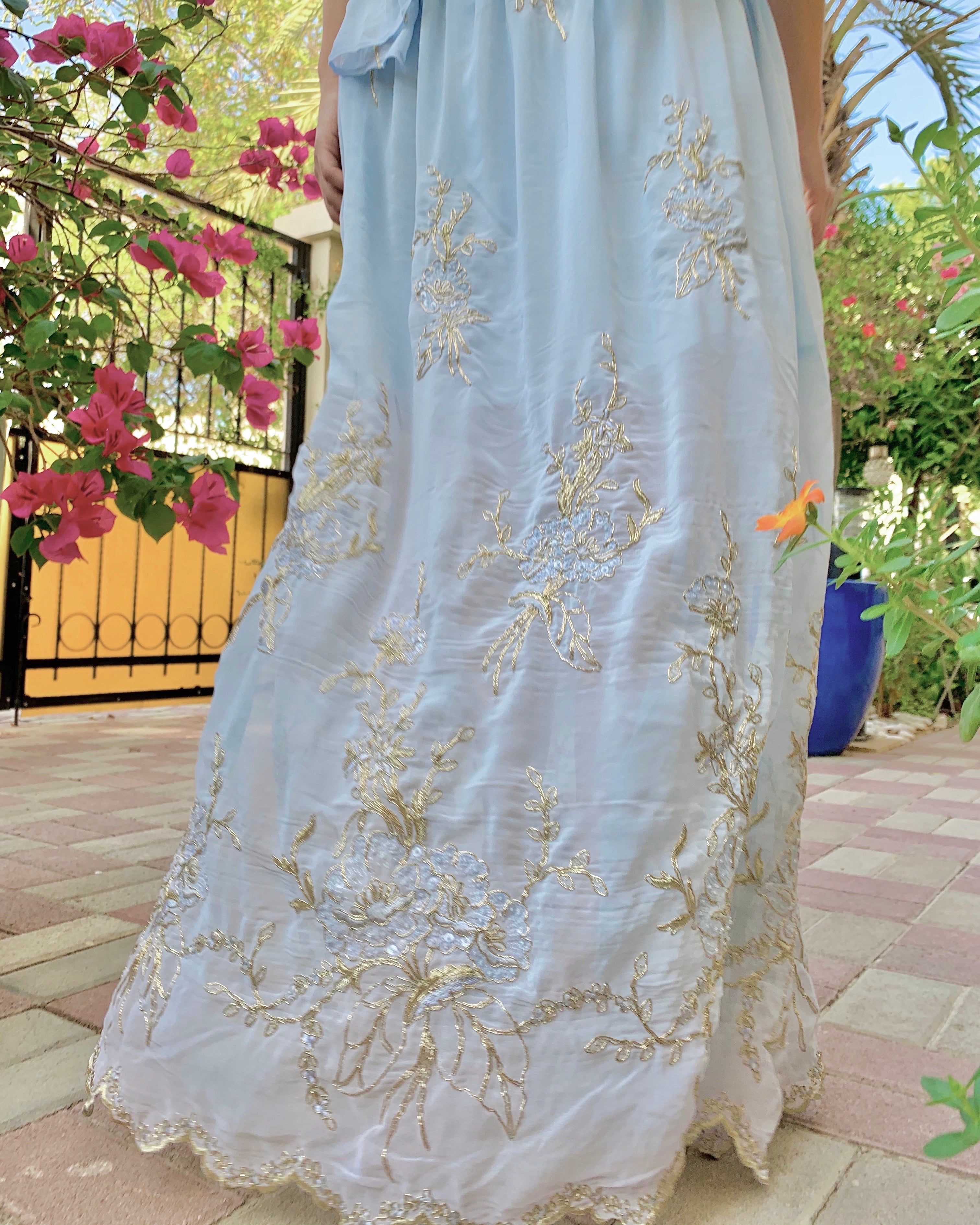 Blue and gold embroidered dress