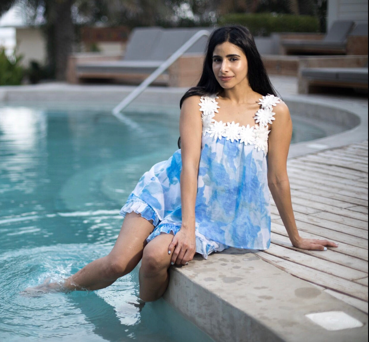 Blue and white top with white flower straps